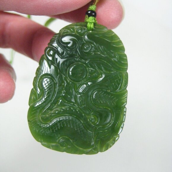 Carved Jade Stone Pendant Dragon Phoenix Adjustable Cord Necklace 15 inch Leaf - Picture 4 of 11